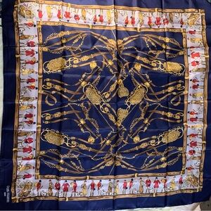 Paul France Navy and Gold Equestrian Print Scarf silk brandnew